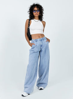 Front view of model wearing  front Princess Polly High Waisted  Bakali Wide Leg Jeans Light Wash
