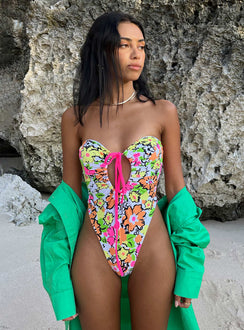 One piece Floral print  Halter neck tie fastening  Adjustable scooped neckline  Low back  High cut leg Brief style bottom   Removable padding 