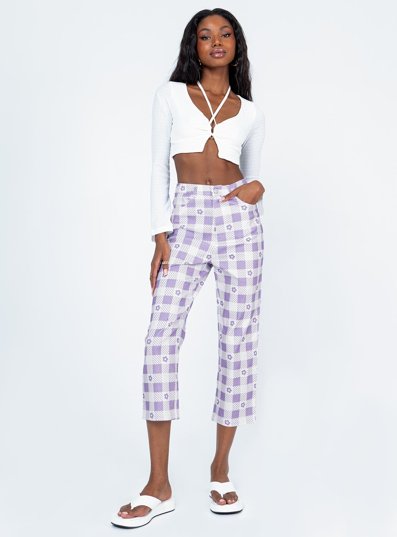 front view of model wearing Princess Polly Marlissa Pants Purple 