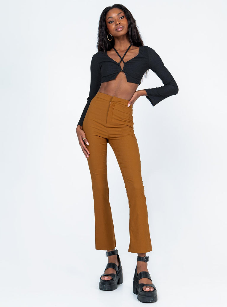 front view of model wearing Princess Polly Moschato Pants Brown 