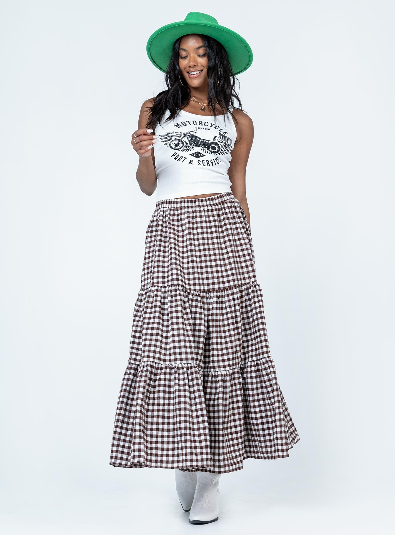   front view of model wearing Princess Polly Hale Midi Skirt Brown Maxi 