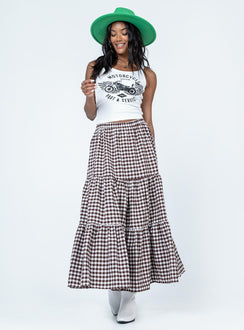   front view of model wearing Princess Polly Hale Midi Skirt Brown Maxi 