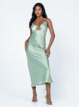 side view of model wearing Princess Polly Danica Maxi Dress Green Scoop Neck 