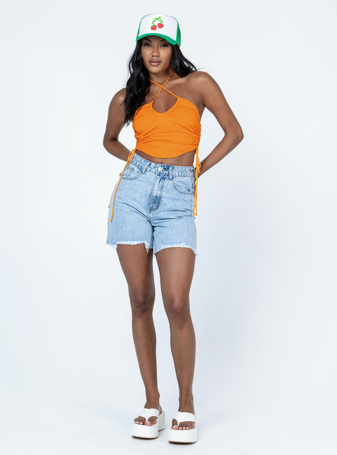 front view of model wearing Princess Polly Jenson Top Orange Sleeveless Asymmetric Neckline 