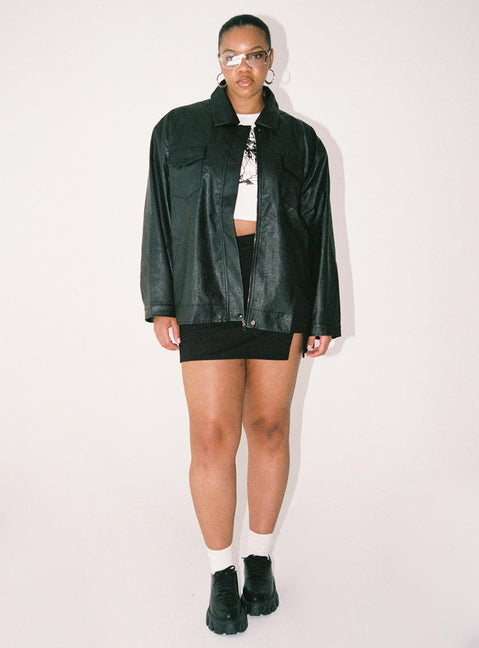 Jacket Faux leather material Zip front fastening Pointed collar Twin chest & hip pockets Single button cuff