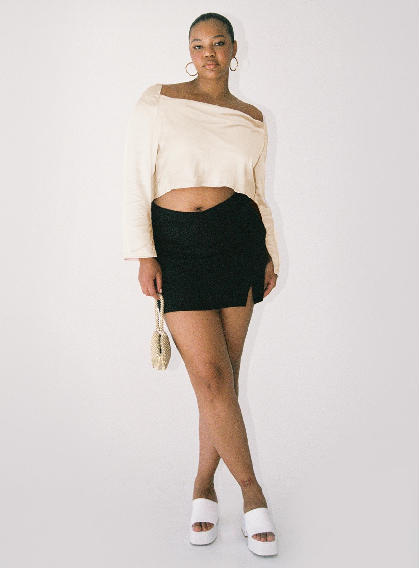 Front view of model wearing  front Princess Polly Half Sleeves High Neck  Love Song Top Curve