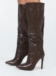 Boots Faux leather material  Croc print  Knee-high style  Stiletto heel  Pointed toe