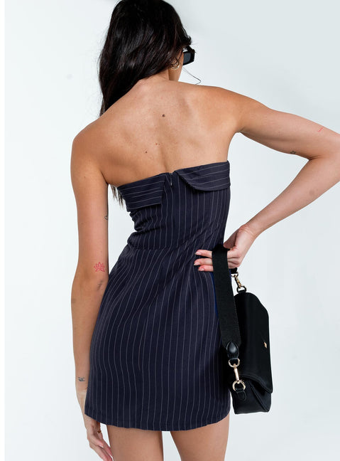 back view of model wearing Princess Polly Sebastian Strapless Mini Dress Navy Square Neck 