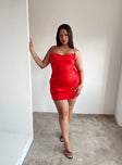 front view of model wearing Princess Polly Celena Mini Dress Red Curve Cowl Neck 