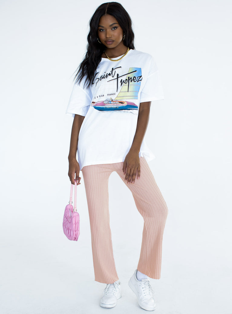 Front view of model wearing  front Princess Polly Half Sleeves High Neck  Saint Tropez White Tee