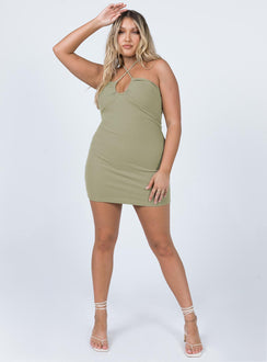 front view of model wearing Princess Polly Clarke Mini Dress Khaki 