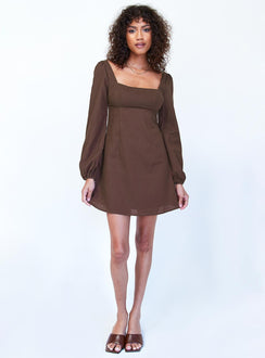 front view of model wearing Princess Polly Hastings Long Sleeve Mini Dress Brown 