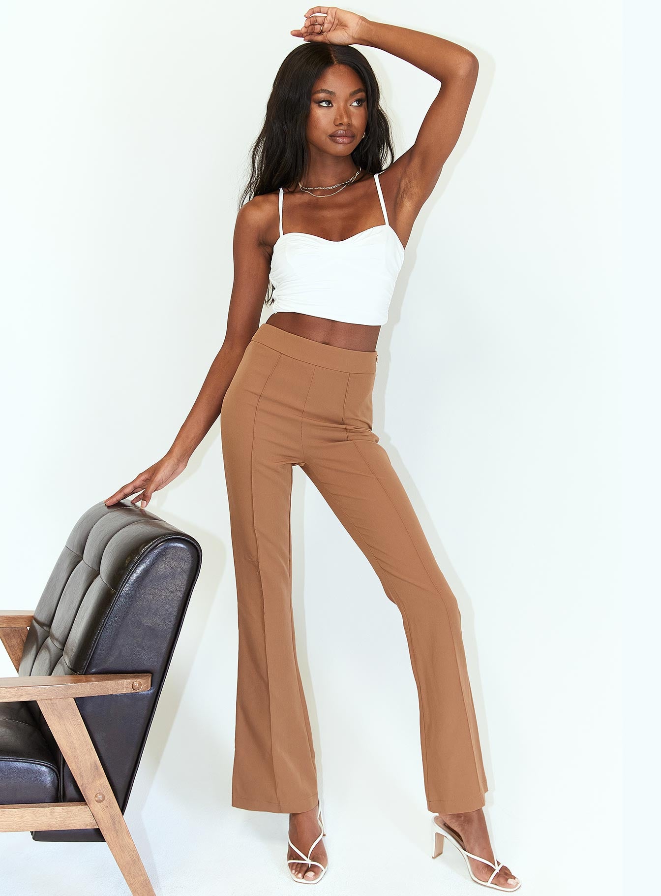 front view of model wearing Princess Polly Jensen Pants Brown 