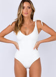 front view of model wearing Princess Polly Clove Tie Up Bodysuit White Sleeveless Plunger 