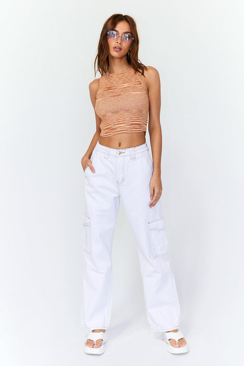 front view of model wearing Princess Polly Utility Cargo Denim Jeans White High Waisted 
