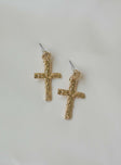 Earrings Cross drop down charm Stud fastening Gold-toned