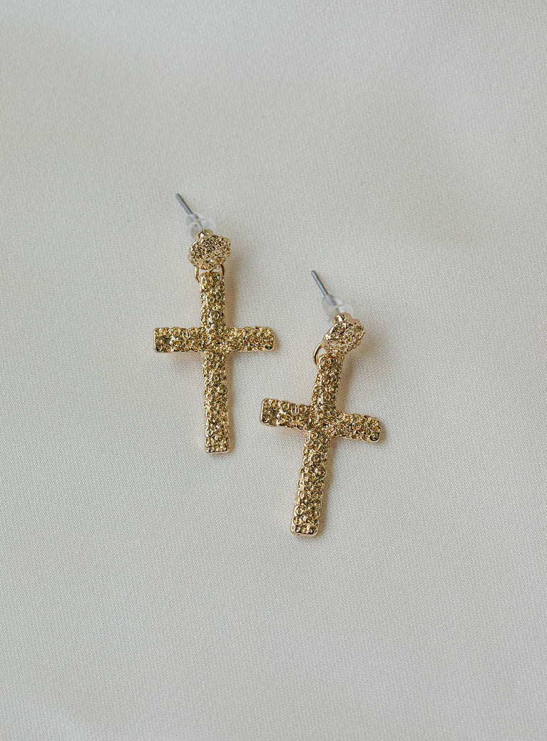 Earrings Cross drop down charm Stud fastening Gold-toned