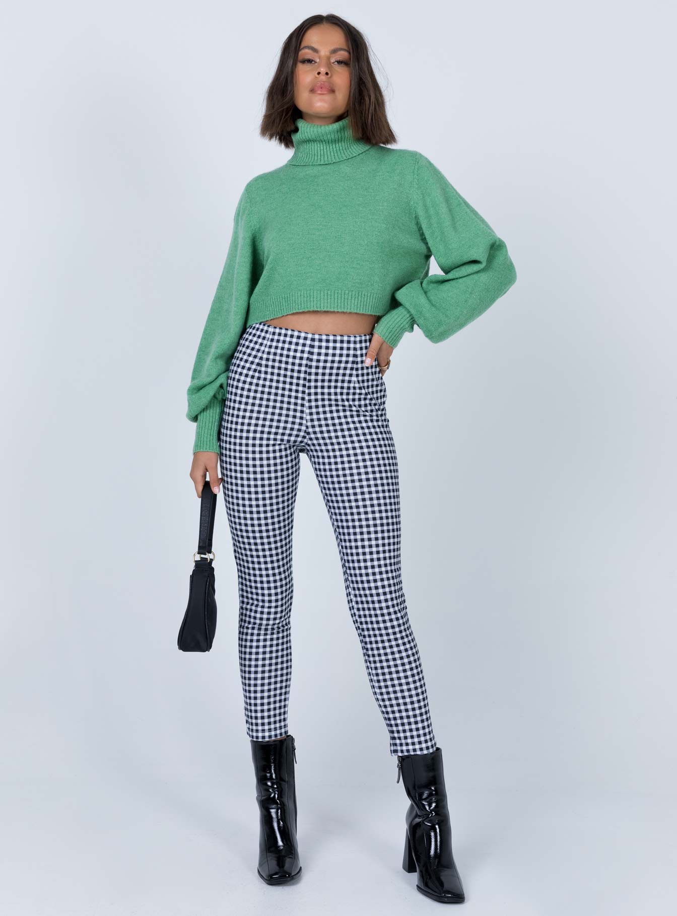 front view of model wearing Princess Polly Iggy Gingham Pants Black/White 