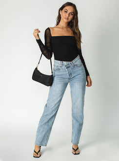 front view of model wearing Princess Polly Delany Bodysuit Black Tall Full Sleeves Square Neck 