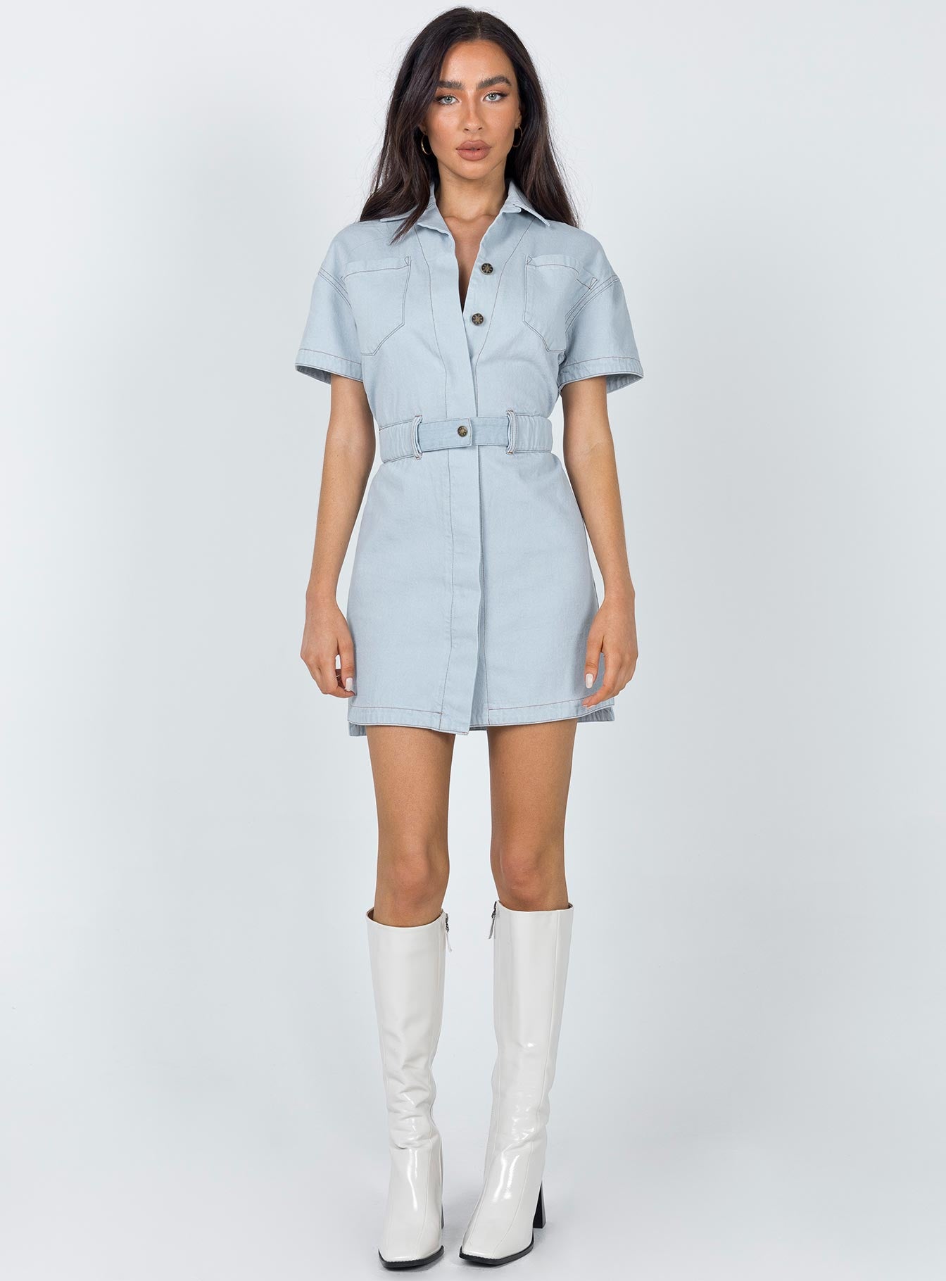 front view of model wearing Princess Polly Chateau Denim Mini Dress Light Wash 