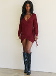 side view of model wearing Princess Polly Phenix Mini Dress Burgundy 