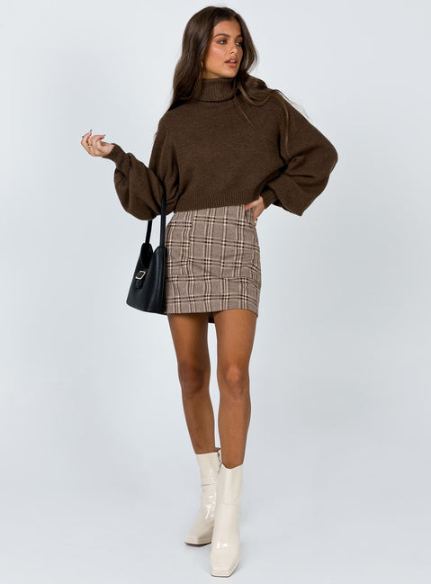 front view of model wearing Princess Polly Zahara Cropped Turtleneck Sweater Brown Cropped 