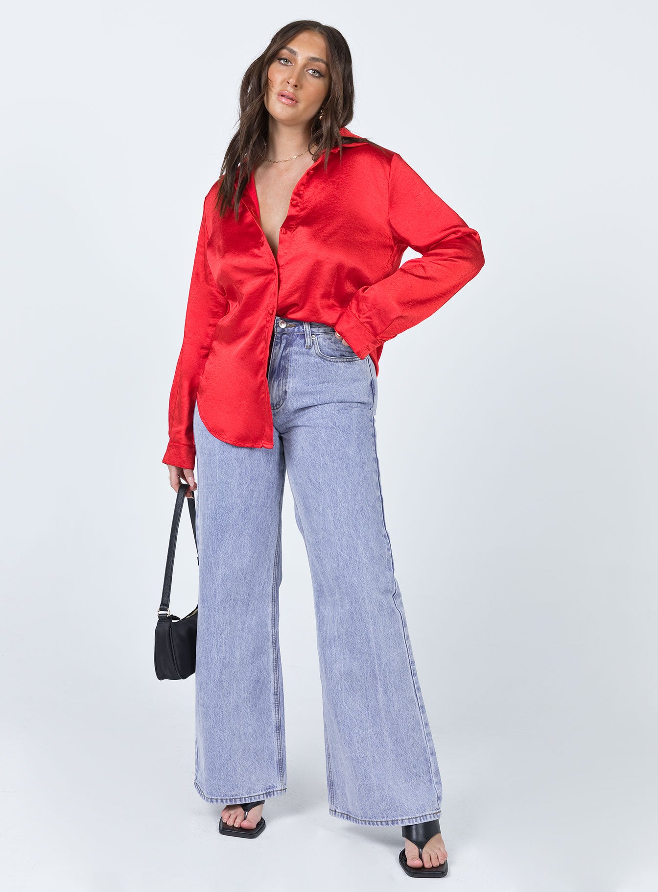 front view of model wearing Princess Polly Vintage Vibes Shirt Red 