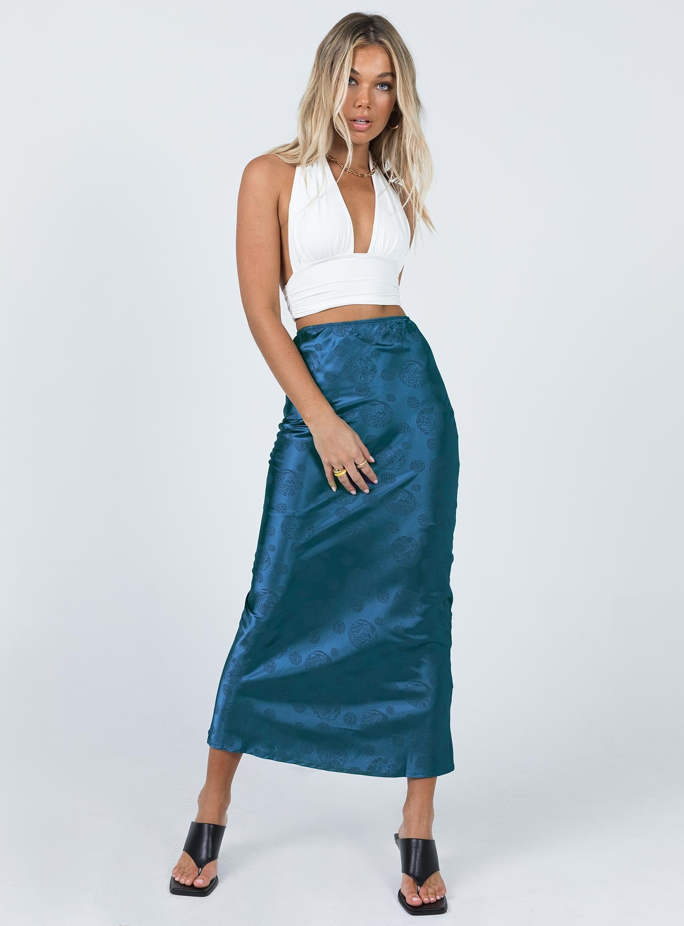   front view of model wearing Princess Polly Hailey Midi Skirt Blue 