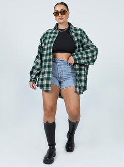 front view of model wearing Princess Polly Ken Checkered Shirt Green 