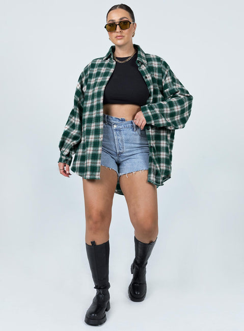 front view of model wearing Princess Polly Ken Checkered Shirt Green 