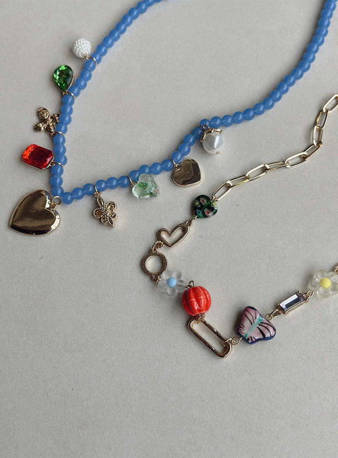 Necklace pack Pack of two Beaded design Drop charm details Lobster clasp fastening Gold-toned