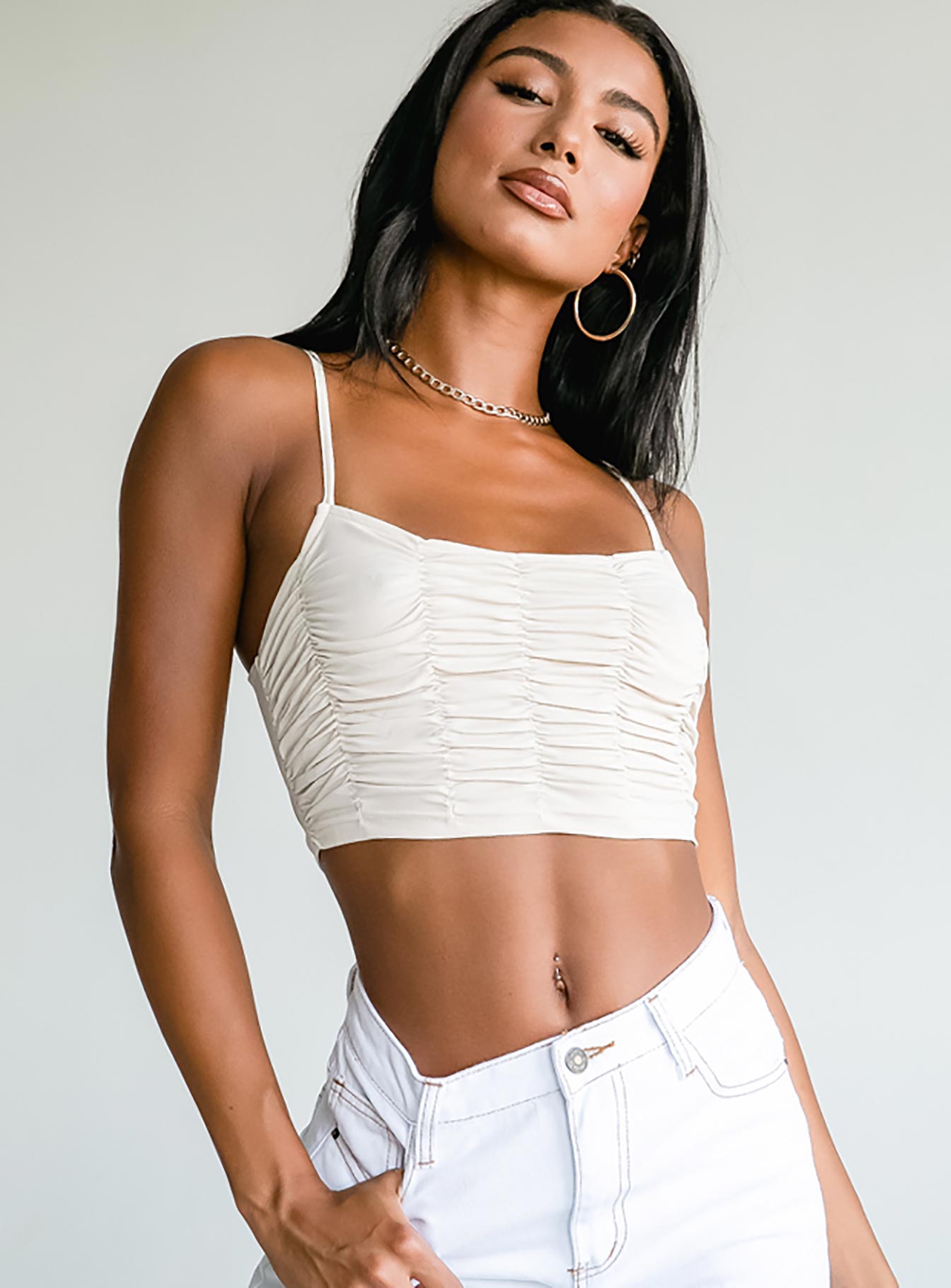 side view of model wearing Princess Polly Adrienne Top Beige 