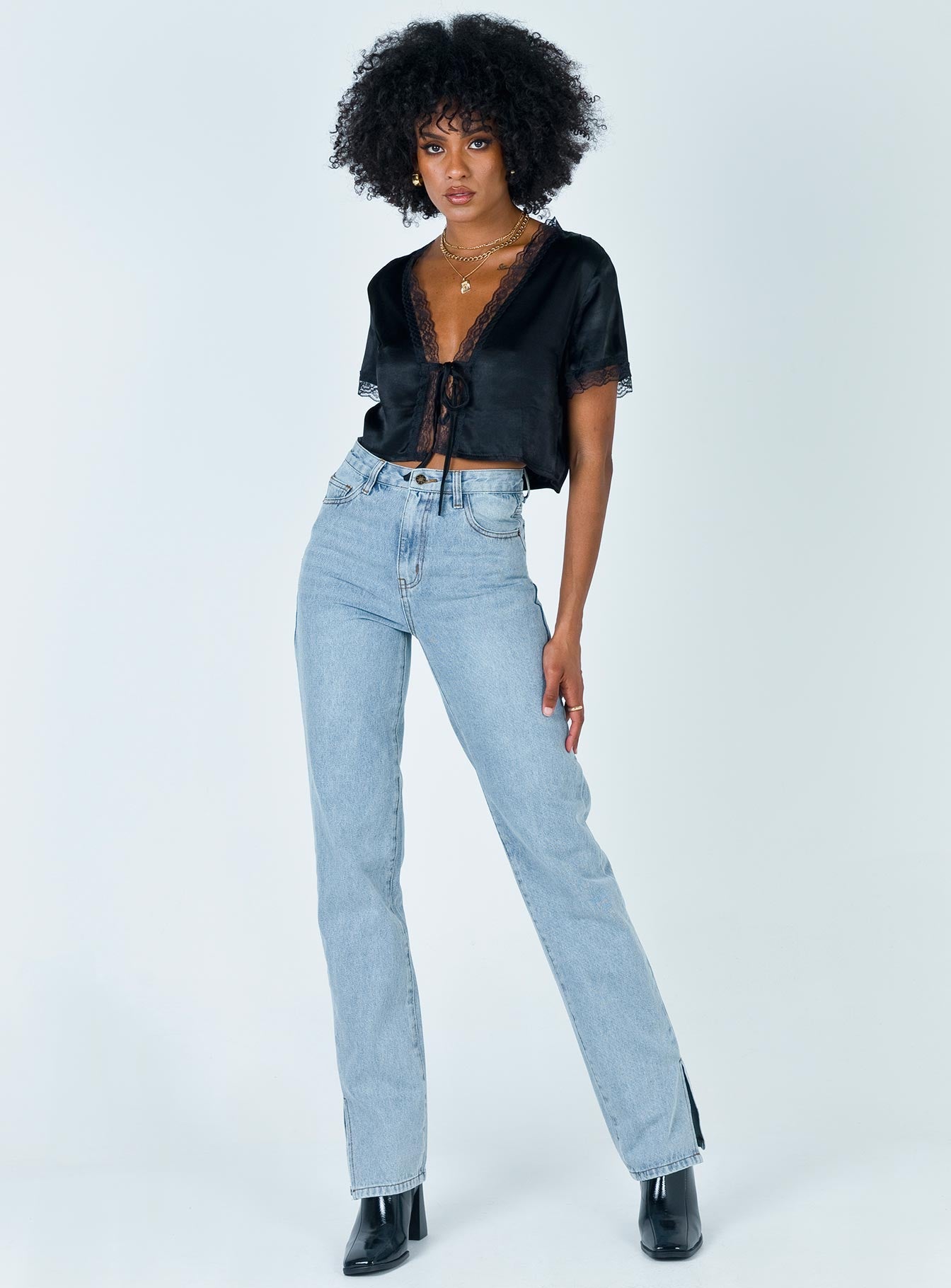 side view of model wearing Princess Polly Vintage Tie Up Top Black 