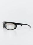 Sunglasses Wrap around design Lightweight frame Clear lenses Moulded nose bridge