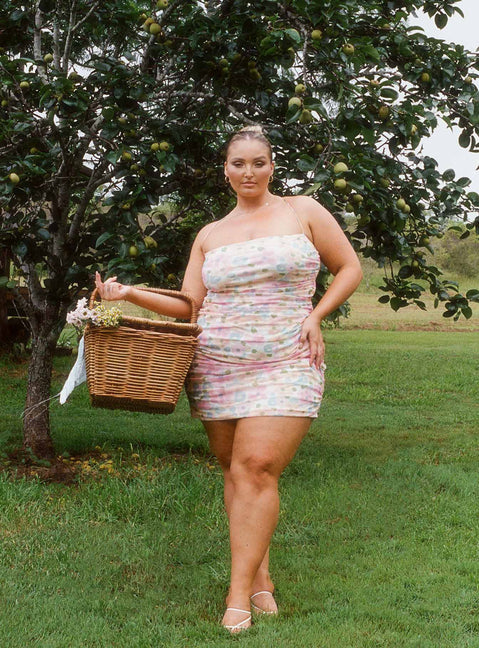 front view of model wearing Princess Polly Hopeless Romantic Mesh Ruched Mini Dress Multi Curve 