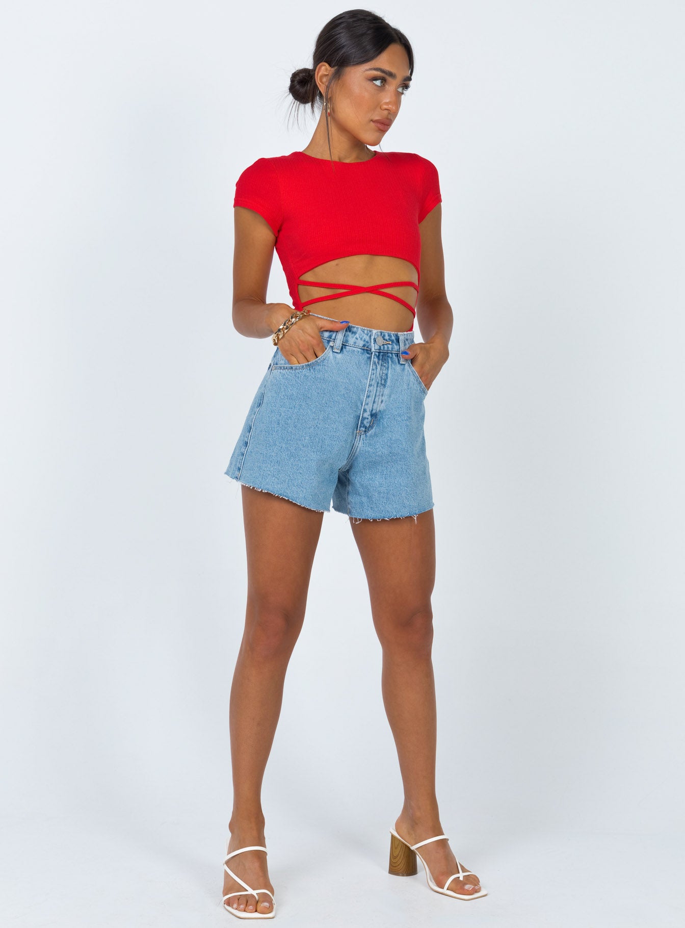 front view of model wearing Princess Polly Nicola Bodysuit Red Short Sleeves 