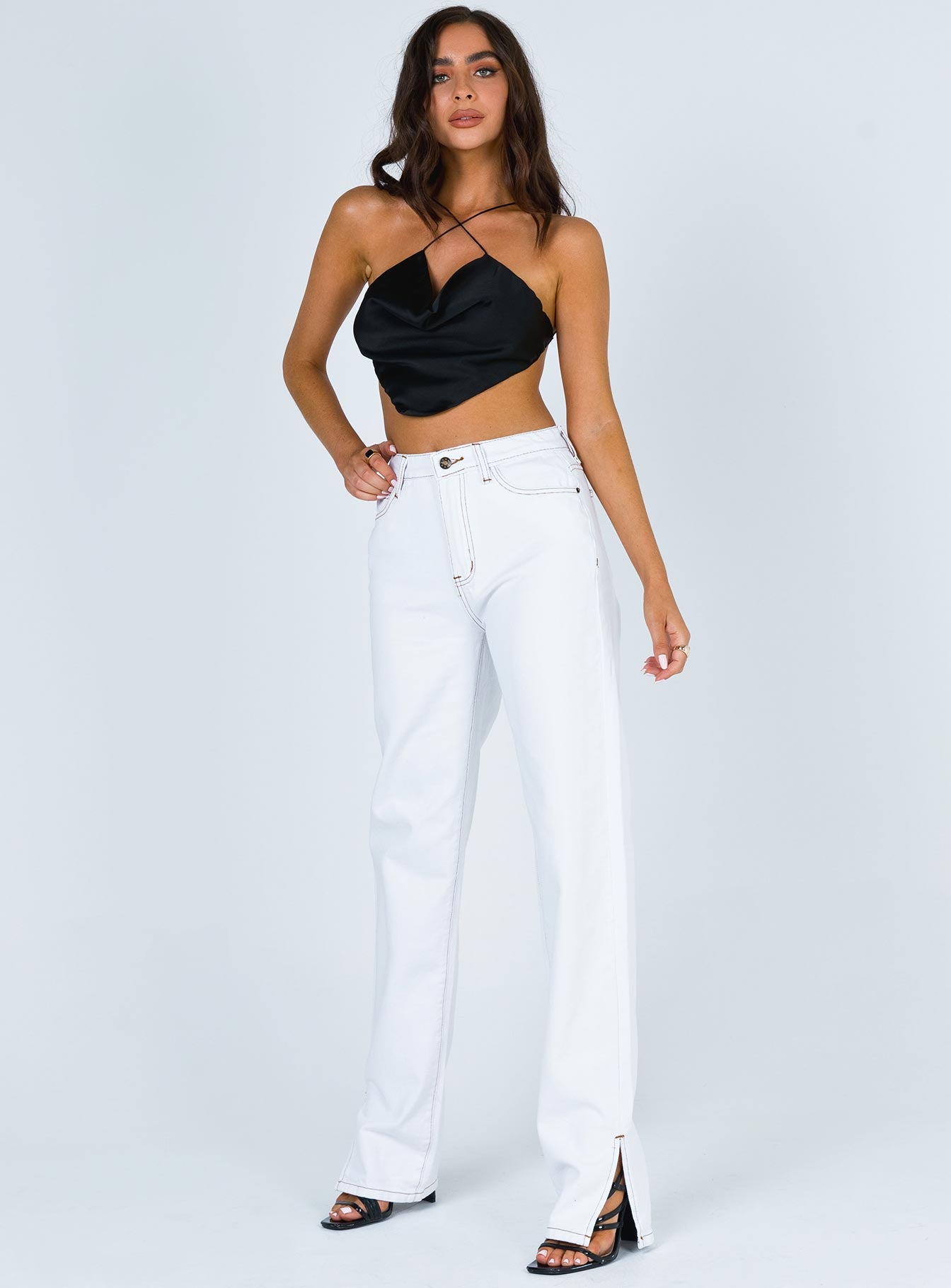 front view of model wearing Princess Polly Alabama Jean White Mid Rise 