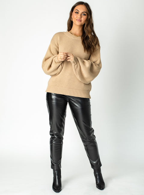 side view of model wearing Princess Polly Harmony Sweater Brown 