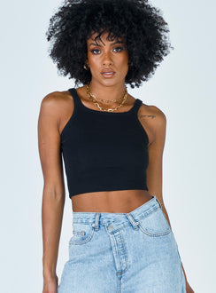 Front view of model wearing  front Princess Polly Sleeveless Square Neck  Wild Eyes Tank Top Black