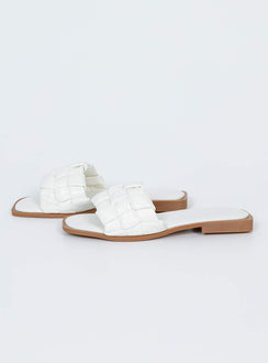 White sandals Faux leather material Woven look upper Square toe Padded footbed