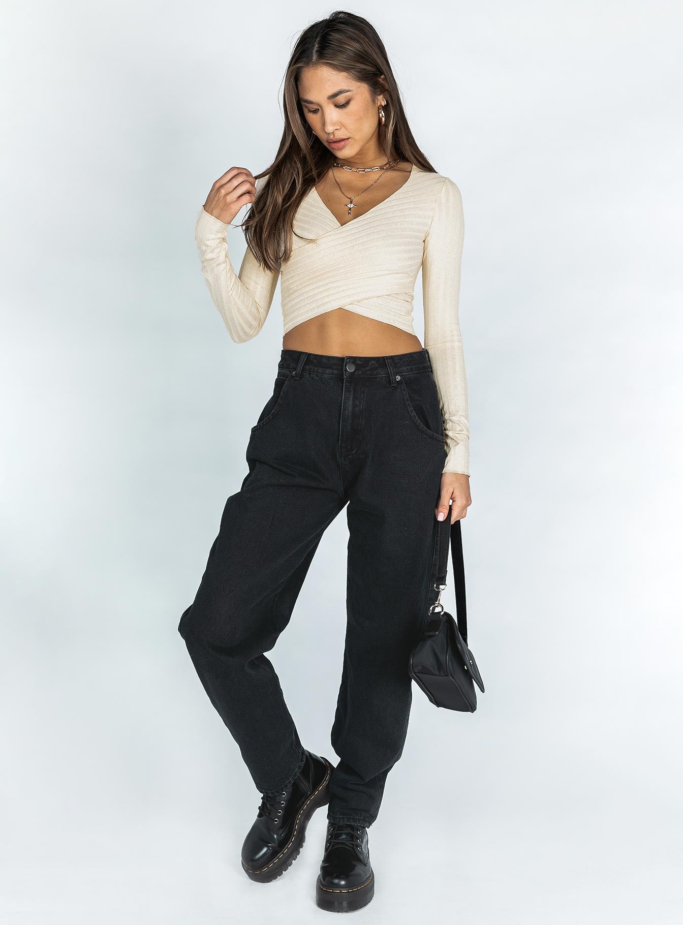 front view of model wearing Princess Polly Abigal Top Beige 