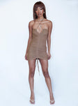 front view of model wearing Princess Polly Katherina Mini Dress Brown 