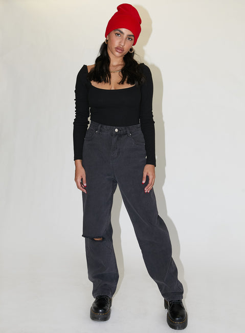 front view of model wearing Princess Polly Charlotte Bodysuit Black Tall Full Sleeves Square Neck 