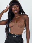 front view of model wearing Princess Polly Levey Bodysuit Brown Sleeveless Scoop Neck 