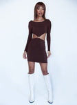 side view of model wearing Princess Polly Henley Mini Dress Brown 