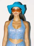 front view of model wearing Princess Polly High Vibrations PU Top Blue 