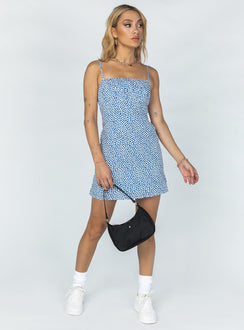 front view of model wearing Princess Polly Tallie Mini Dress Blue Floral 