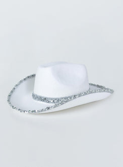Cowboy hat 50% polyester 50% acrylic Faux felt material  Sequin rim & headband  Stiff curved brim  OSFM 