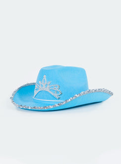 Blue cowgirl hat Faux felt material Silver toned tiara embellishment Sequin rim  Adjustable chin tie Wide stiff brim Creased crown 