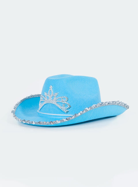 Blue cowgirl hat Faux felt material Silver toned tiara embellishment Sequin rim  Adjustable chin tie Wide stiff brim Creased crown 